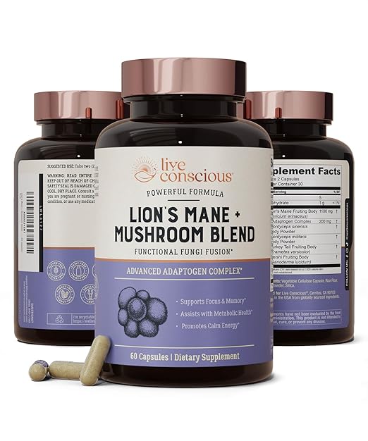 Live Conscious Lions Mane Mushroom Supplement Capsules for Brain Support w/Lion's Mane Cordyceps Reishi and Turkey Tail Mushrooms - Cognitive Memory Supplement for Brain