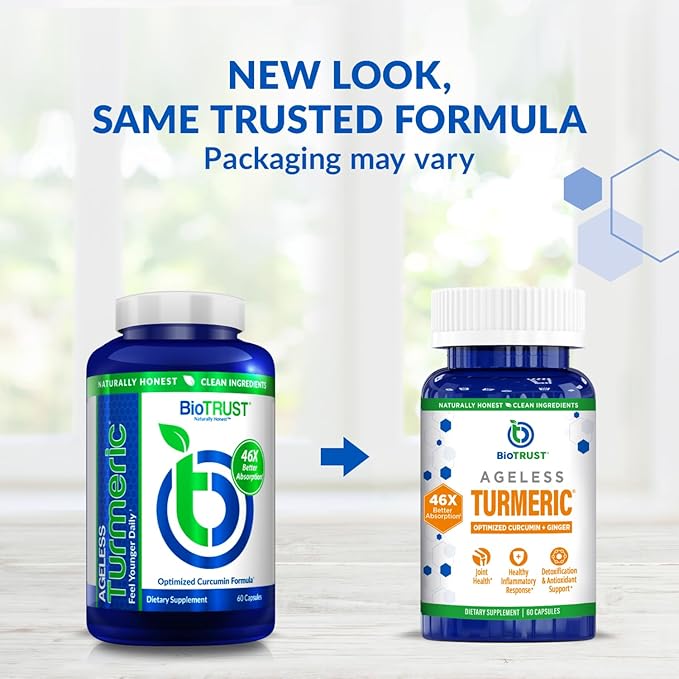 BioTrust Ageless Turmeric Supplement - CurcuWIN Turmeric Curcumin with Ginger Extract - 46x More Bioavailable High Absorption Long Lasting - Antioxidant Support (60 Capsules)