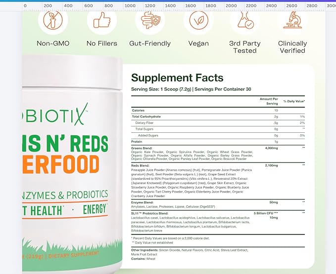 GOBIOTIX Super Greens Powder with Organic Spirulina - Superfood Supplement with Fruit Blend Probiotics and Enzymes for Digestive Health - Vegan Non-GMO - 30 Servings (Mango - 1 Pack)
