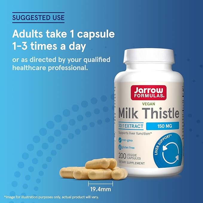 Jarrow Formulas Milk Thistle Supplement 150 mg. 30:1 Milk Thistle Extract Standardized to 80% Total Flavonoids Dietary Supplement for Liver Function Support 200 Veggie Capsules Up to 200 Day Supply
