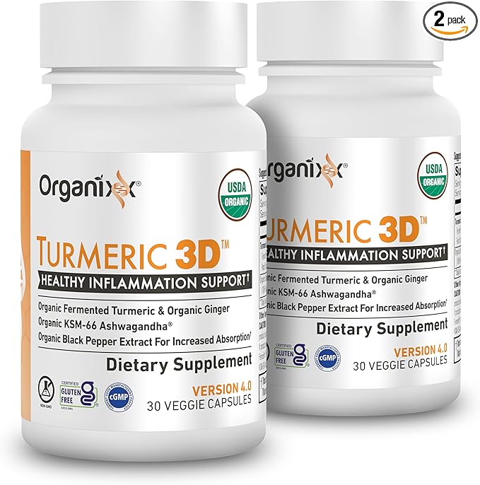 Organixx USDA Organic Turmeric Curcumin Supplement with Ashwagandha Vitamin D Turmeric &amp Ginger – Fermented for Maximum Bioavailability 30 Count (Pack of 2)