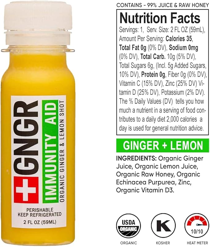+GNGR Immunity Aid - Organic Cold-Pressed Ginger Shot with Lemon Honey &amp Echinacea. Extra-Strength Ginger Shots for Circulation Immune &amp Digestive Support. Throat Soothing Shots. 2 fl oz (Pa