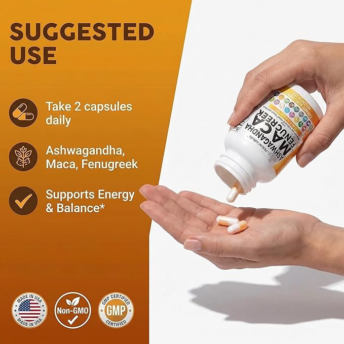 Clean Nutraceuticals Ashwagandha Maca Root Fenugreek Supplement with Tongkat Ali Ginseng - Assists with Stress Mood &amp Thyroid - Ashwagandha Capsules Fenugreek Caps - 1 Pack