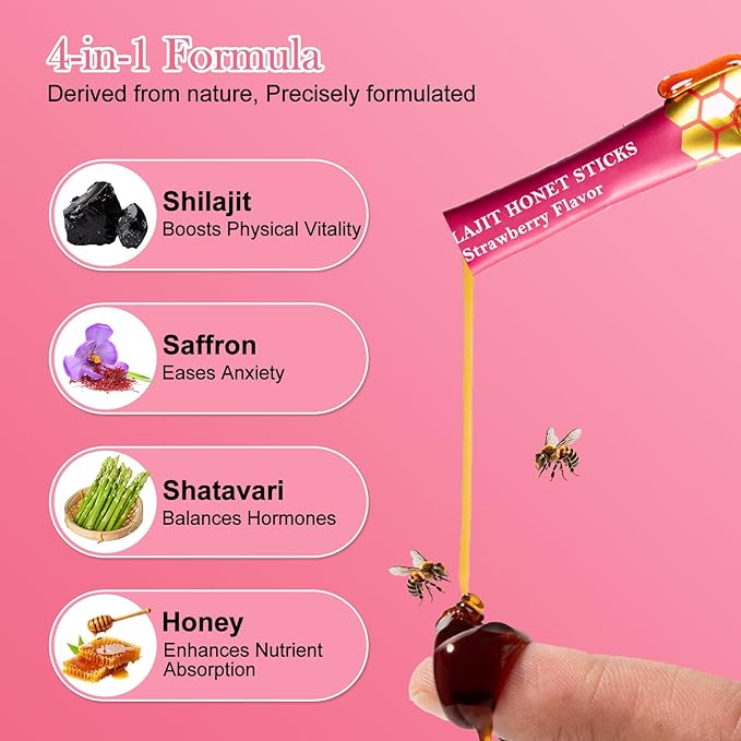 Shilajit Honey Sticks for Women Strawberry Shilajit Honeysticks with Shatavari &amp Saffron 75%+ Fulvic Acid &amp 85+ Trace Minerals for hormonal Balance &amp Energy Boost Easy Single | 30 Stick
