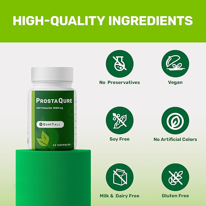 ProstaQure Saw Palmetto 1000 mg - Prostate Supplements for Men's Health - Decrease Nightly Urination &amp Improved Urine Flow - 60 Capsules Vegan Soy Free &amp Gluten-Free