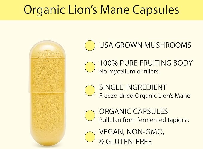 KOYAH - Organic Lion's Mane Mushroom Capsules - 100% Fruiting Body Freeze-Dried USA 3rd Party Tested for Beta-Glucans 500 mg Brain &amp Nerve Support. Immune Support. 60 Capsules