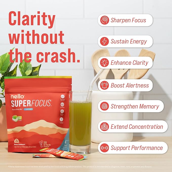 Nello Superfocus – Nootropic Focus Drink Mix for Productivity Caffeine L-Theanine Rhodiola Rosea Alpha-GPC Lion’s Mane Tyrosine Sugar-Free Packets - With Caffeine (Pack of 20) (20 Servings (Caf