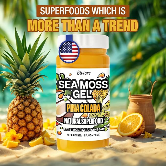 Biolore Pina Colada Sea Moss Gel 16 oz - No Added Sugar Vegan Made in USA - Wildcrafted Sea Moss Superfood with 92 Essential Vitamins - Ready to Use No Prep Needed