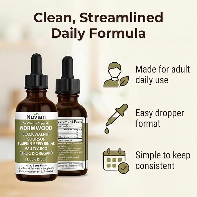 NUVIAN Prozen Wormwood Gut Cleanse Liquid Drops Black Walnut Wormwood Clove Gut Cleanse &amp Digestive Health with Soursop PAU D'Arco Pumpkin Seed Garlic Oregano Energy Boost2 fl oz