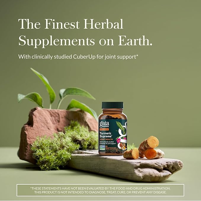 Gaia Herbs Turmeric Supreme Joint Health - Joint Support Supplement with Quercetin Black Pepper Boswellia Ginger Root Curcuminoids &amp More* - 60 Liquid Phyto-Caps (30 Servings)