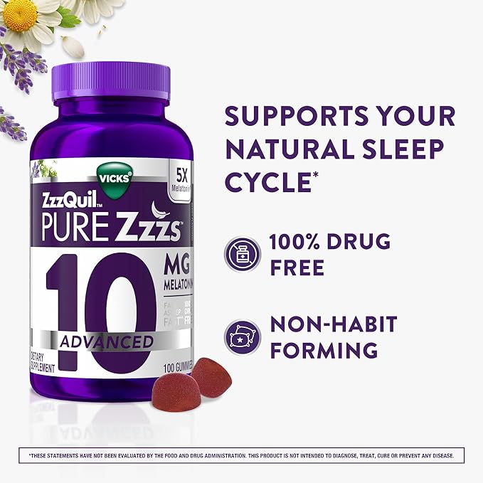 ZzzQuil Pure Zzzs Advanced Melatonin Gummies Melatonin 10mg Sleep Aid with Chamomile &amp Lavender Melatonin Sleep Gummies Sleep Aids for Adults Berry Flavored 100 Sleep Gummies