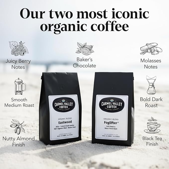Carmel Valley Coffee Roasting Signature Icons Gift Box Organic Whole Bean Coffee Gift Set Featuring Foglifter® French Dark Roast &amp Eastwood Medium Roast 2 × 12oz Bags