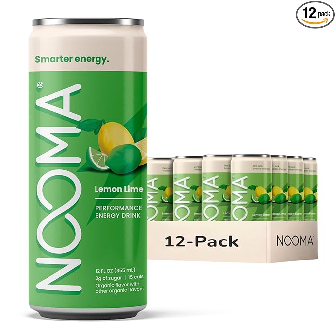 NOOMA - Performance Energy Drink - Pre Workout Drink - Nootropics Adaptogens + Electrolytes - 120mg Clean Caffeine 15 Calories &amp 2g Sugar - Lemon Lime -12 Pack -12oz ea.