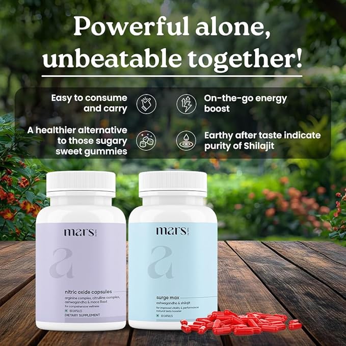 mars by GHC Growth Max Combo | Nitric Oxide Capsules + SurgeMax Capsules | Performance &amp Vitality Support | 120 Capsules | Pack of 1