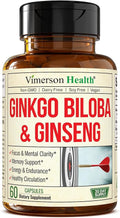 Asian Ginseng and Ginkgo Biloba Supplements – Panax Ginseng Extract 700mg + Ginko Biloba 720mg – Nootropic Brain Supplement for Memory Focus &amp Sustained Energy – 60 Easy-to-Swallow Capsules