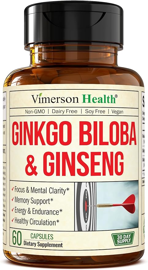 Asian Ginseng and Ginkgo Biloba Supplements – Panax Ginseng Extract 700mg + Ginko Biloba 720mg – Nootropic Brain Supplement for Memory Focus &amp Sustained Energy – 60 Easy-to-Swallow Capsules