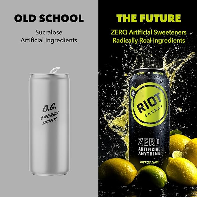 RIOT Clean Energy Drink – No Sucralose No Sugar Added No Artificial Flavors | 160mg Natural Caffeine + 100mg L-Theanine | Clean Focus Stamina &amp Smooth Energy | 16 Fl Oz (Pack of 12) (Citrus Lim