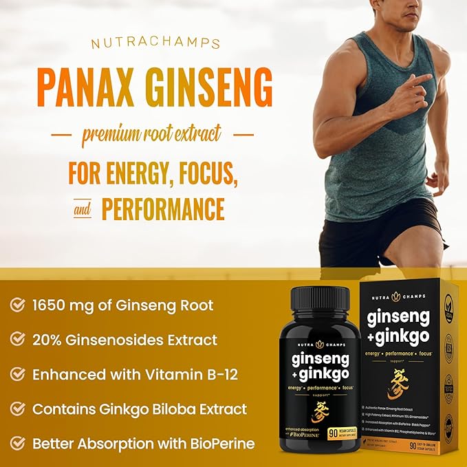 NutraChamps Korean Red Panax Ginseng Capsules | Extra Strength Ginsenosides for Energy Focus Performance Vitality &amp Immune Support | Korean Red Ginseng Root Extract (90 Premium Gold)