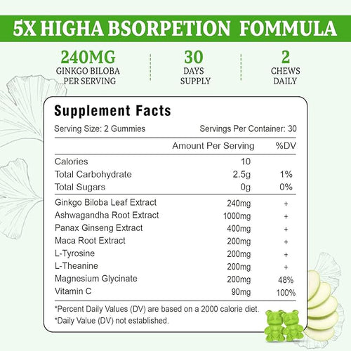 2 Pack Ginkgo Biloba Gummies 240MG with Panax Ginseng for Better Mood and Focus Booster Brain Health 120 Vegan Apple Flavor Gummies