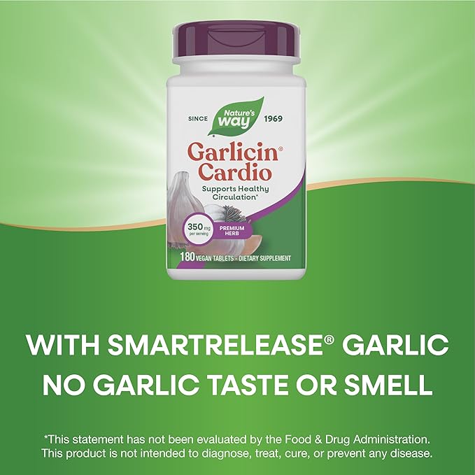 Nature's Way Garlicin Cardio Premium Herbal Supports Healthy Circulation* No Garlic Taste Vegan Garlic Supplements 180 Tablets (Packaging May Vary)