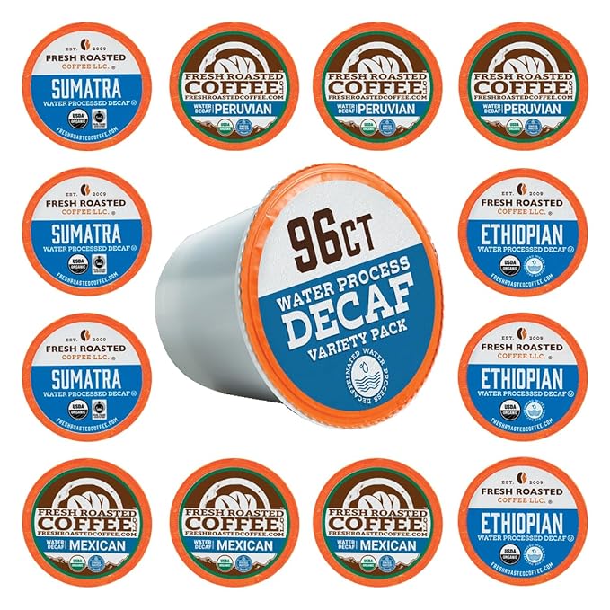 Fresh Roasted Coffee Organic Water-Processed Decaf Variety Pack | USDA Organic Kosher | K-Cup Compatible 96 Pods