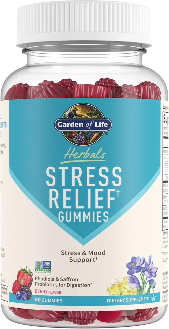 Garden of Life Herbals Stress Relief Gummy with Rhodiola &amp Saffron for Positive Mood &amp Stress Response Plus Prebiotics &amp Probiotics for Digestive Support Gluten-Free Berry Flavor 30 Ser