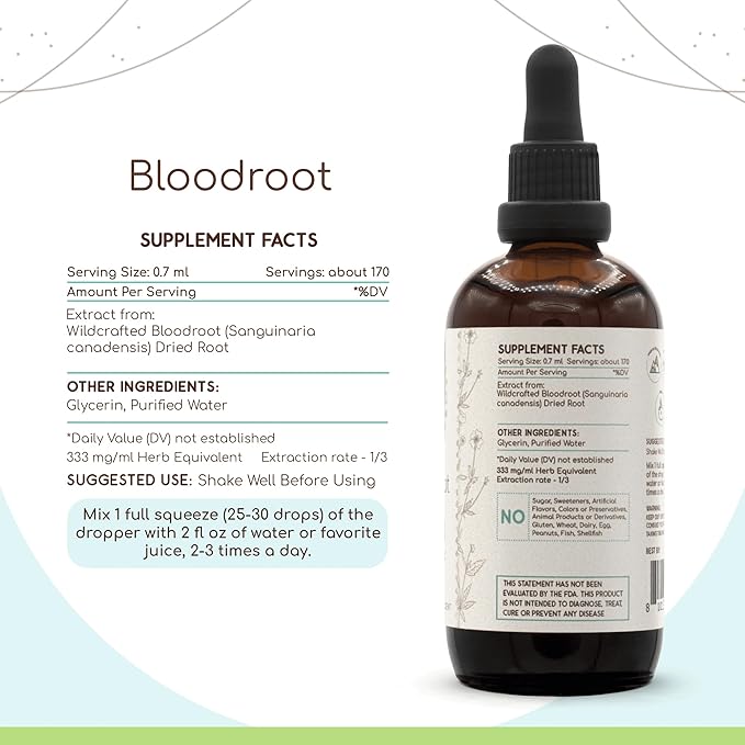 HerbEra Bloodroot B120 Alcohol-Free Herbal Extract Tincture Responsibly farmed Bloodroot (Sanguinaria Canadensis) Dried Root (4 fl oz)