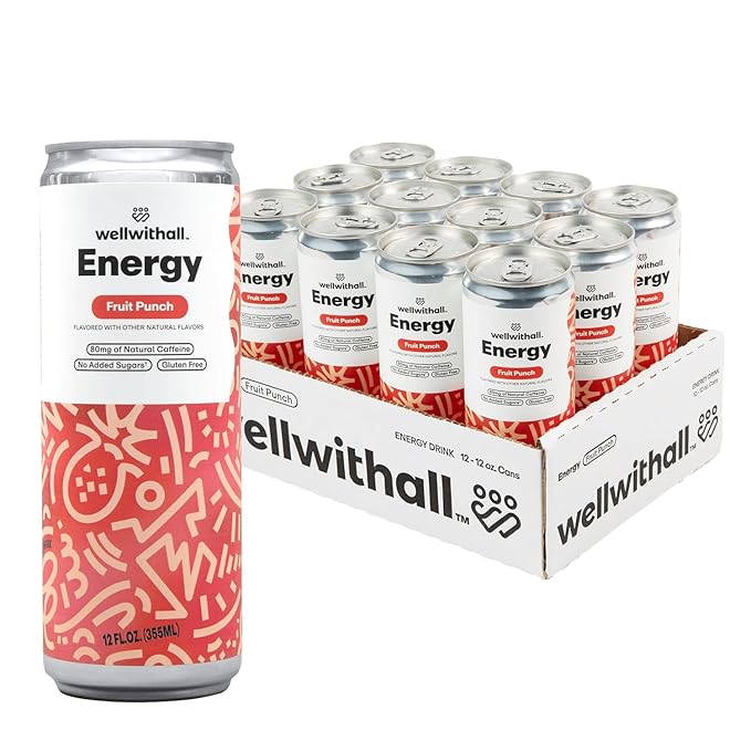 WellWithAll Fruit Punch Energy Drink – Caffeine from Tea – With Vitamin C – Lightly Sparkling Beverage – Fruit &amp Veggie Juice Blend – 12 Oz (Pack of 12)