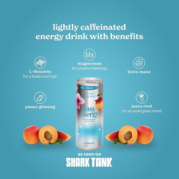 Easy Energy Drink (Peach) – Zero Sugar Sparkling Energy Drink with Natural Caffeine Magnesium &amp Lion’s Mane – Clean Energy for Workouts &amp Busy Days – 12 Pack