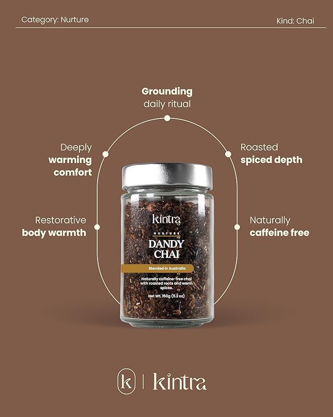 Kintra Foods Loose Leaf Dandy Chai Herbal Tea Jar 150g | Dandy Blend Instant Herbal Beverage with Dandelion | Spiced Dandelion Root Herbal Infusion Warming &amp Digestive Support Blend | Caffeine F