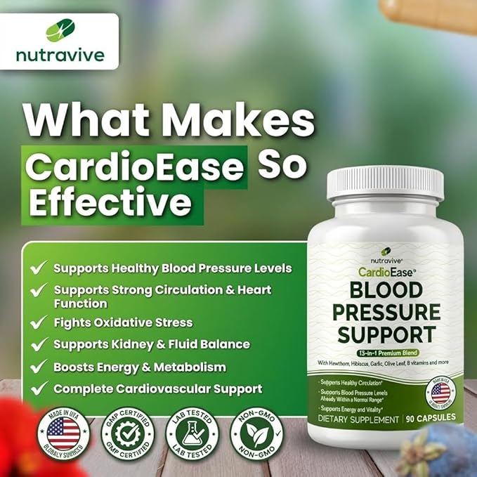 Nutravive 13-in-1 Heart Health Supplement – Supports Healthy Circulation &amp Blood Pressure Levels – with Hawthorn Garlic Olive Leaf Hibiscus B12 Juniper Green Tea and More |GMP|90 Capsules|