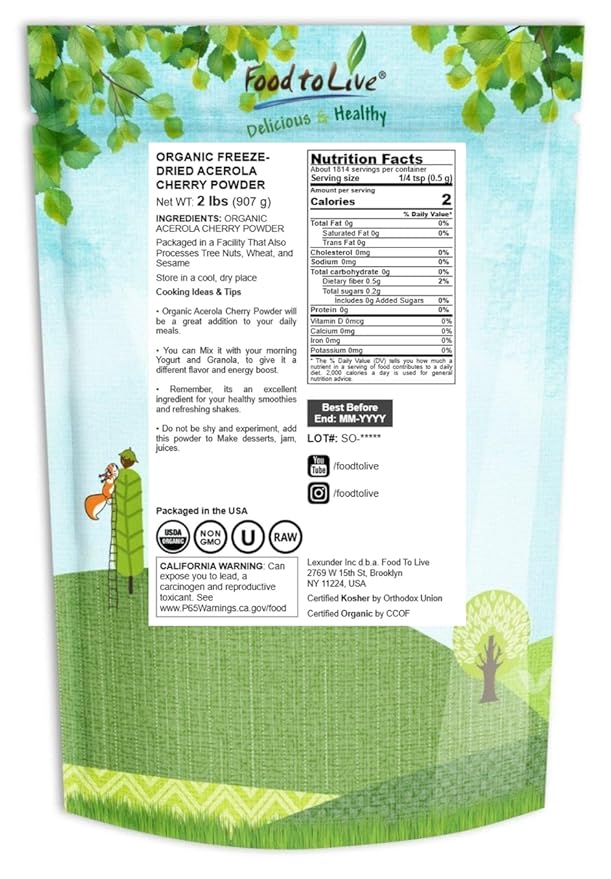 Food to Live Organic Freeze-Dried Acerola Cherry Powder 2 Pounds – Non-GMO 100% Pure Kosher Raw Non-Irradiated No Additives Vegan Superfood Bulk Great for Juice Drinks and Smoothies Rich in