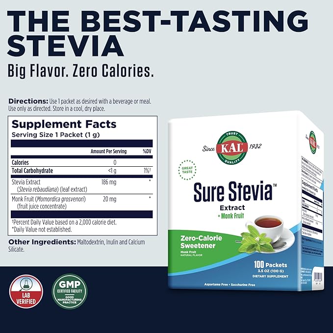 KAL Sure Stevia Plus Monk Fruit Sweetener - Great Tasting Zero Calorie Sugar Free Sweetener - Low Glycemic Perfect for a Keto Diet or Low Carb Diet 60-Day Guarantee 3.5oz 100 Single-Serve Packets