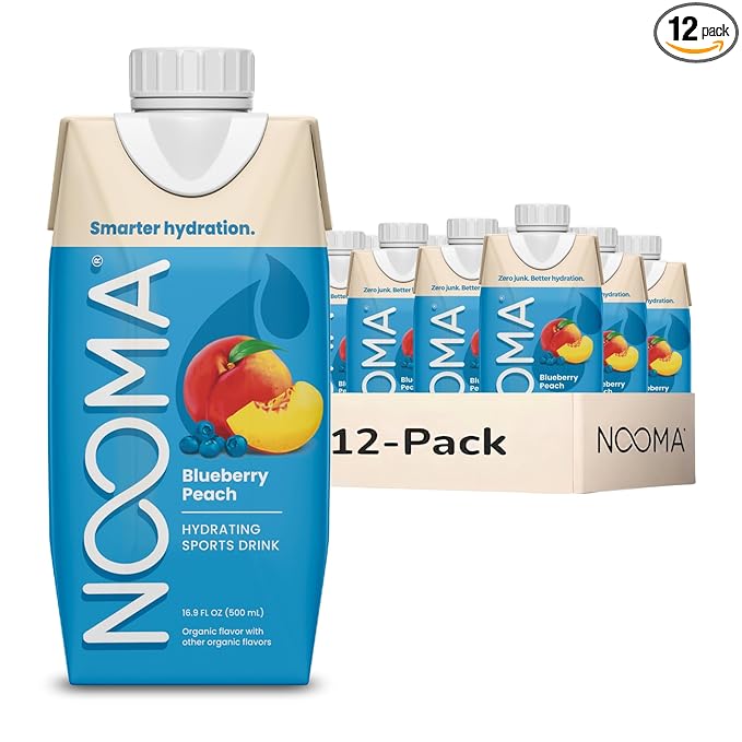 NOOMA - Hydrating Sports Drink - Electrolyte Drink with Organic Coconut Water - Organic &amp No Added Sugars - Rapid Hydration - 30 Calories &amp 505mg Electrolytes - Blueberry Peach - 12 Pack (16.9