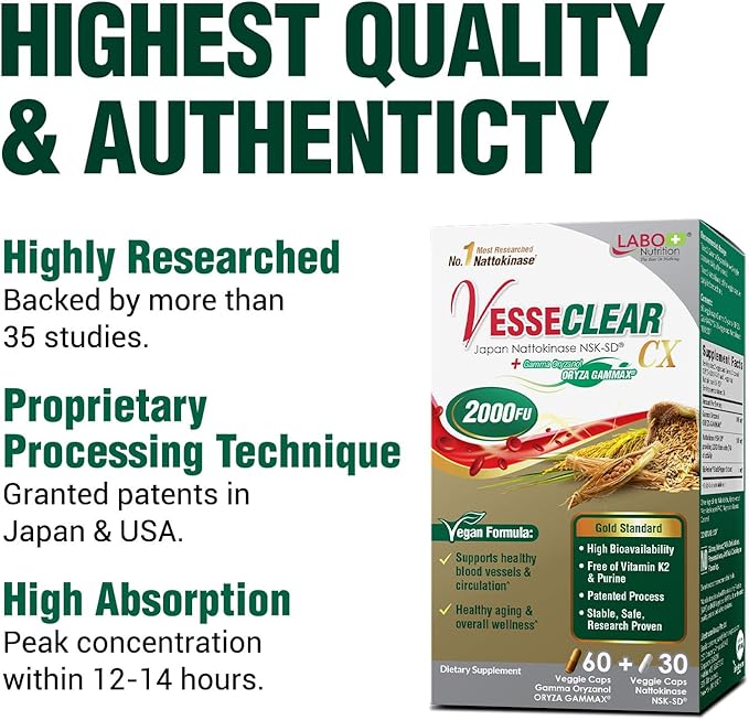 LABO Nutrition VesseCLEAR CX: Artery Cleanse Supplement to Support Blood Pressure Clean Blood Vessel Heart &amp Cholesterol Health Formula | Nattokinase NSK-SD + Gamma Oryzanol | DR Capsules [3 Pac