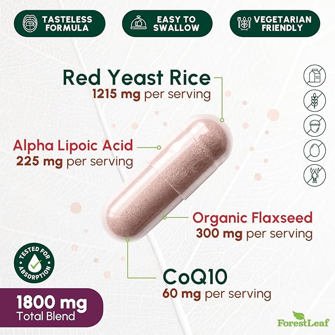 Red Yeast Rice 1215 mg. Capsules - Extra Strength Red Rice Yeast with CoQ10 Supplement Plus Alpha Lipoic Acid &amp Organic Flaxseed Citrinin Free Supports Cardiovascular Health Non-GMO 90 Veggie