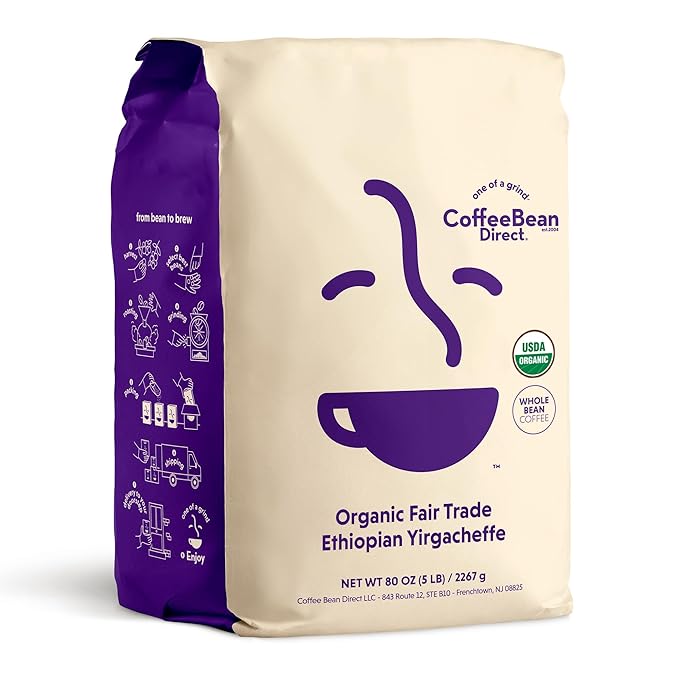 Coffee Bean Direct Organic Fair Trade Ethiopian Yirgacheffe Whole Bean Coffee Light Roast 5 Pound Bag (Pack of 1)