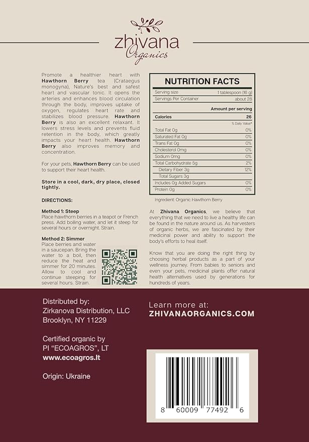 Organic Hawthorn Berry Tea (16oz.) 2 PACK - All Natural Pure Hawthorne Berries - Bulk Herbal Tea for Healthy Blood Pressure Heart Circulation