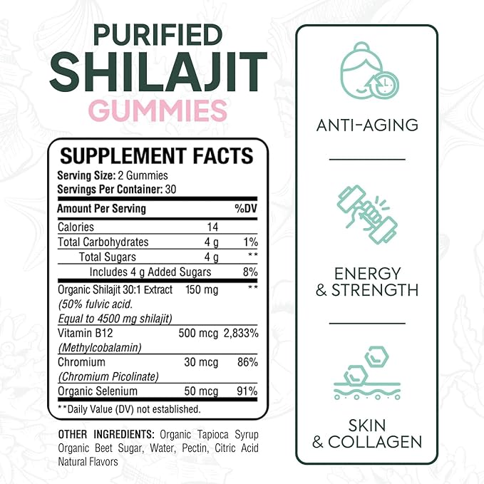Organics Ocean Shilajit for Men and Women - Natural Supplement with Vitamin B12 Chromium and Selenium for Age-Defying Energy Hormone Support and More - 60 Shilajit Gummies