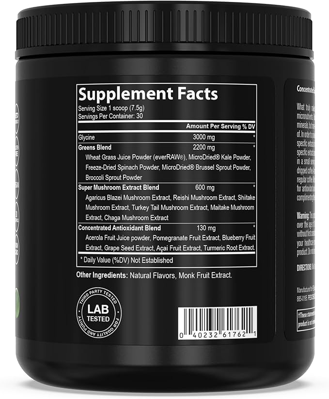PEScience Greens Powder Superfood with Natural Chlorophyll Reishi &amp Turkey Tail Mushroom Powders Freeze-Dried Kale Spinach Broccoli Sprouts - Lime Flavor 30 Servings