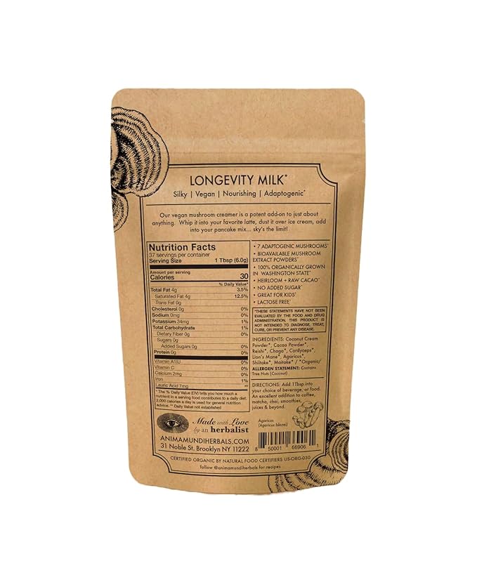 Anima Mundi Apothecary Mushroom Mocha Milk - Organic Dairy-Free Creamer with Coconut 7 Mushrooms &amp Cacao - Vegan Powder for Coffee Tea &amp More (8oz / 227g)