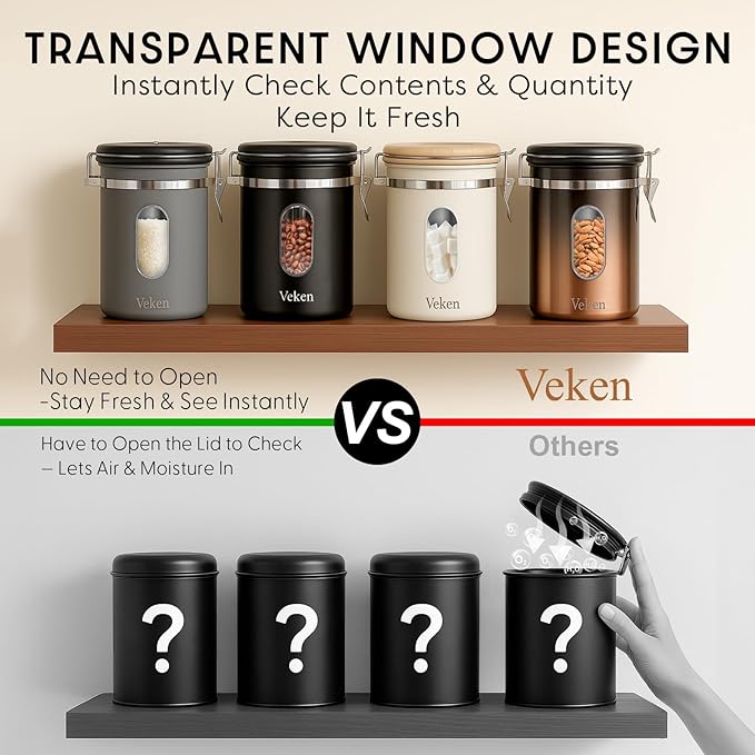 Veken Coffee Sugar Canister with Window Easter Gifts Airtight Stainless Steel Container with Lids Home Kitchen Food Storage Jars for Grounds Beans Tea Flour Cereal Basket Scoop 22OZ Cream