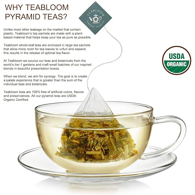 Teabloom - World's Finest Pyramid Tea Collection 24 Varieties of USDA Certified Organic &amp Kosher Teas - Black Tea Green Tea White Tea Oolong Tea and Herbal/Fruit Tea Blends