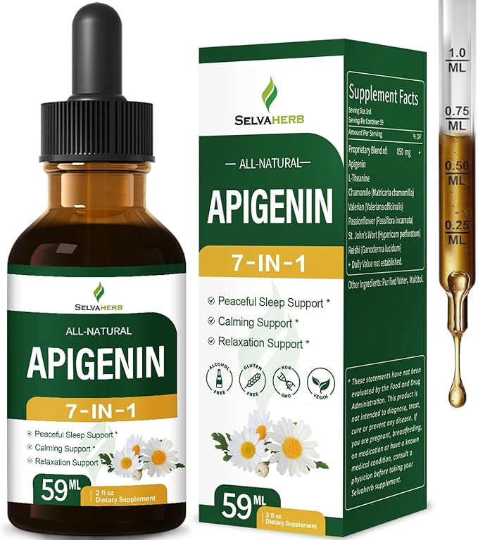 Apigenin Supplements for Sleep 7-in-1 Formula Drops w/Chamomile Extract &amp L-Theanine for Calming &amp Relaxation Support Fast Apsorption Liquid w/Valerian Root &amp Passion Flower. 2oz