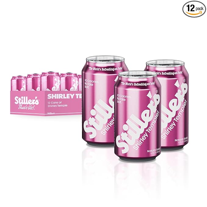 Stiller’s Shirley Temple Soda – 12 Pack Cans – Sparkling Cherry Lemon Lime Mocktail Drink – Low Sugar Caffeine-Free Natural Soda Pop with Real Cane Sugar Stevia &amp Vitamins – Alternative to Diet