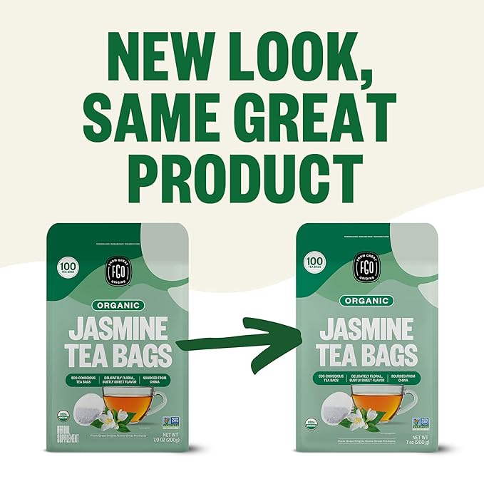 FGO Organic Jasmine Green Tea 100 Count Eco-Conscious Tea Bags Resealable Bag Packaging May Vary (Pack of 1)