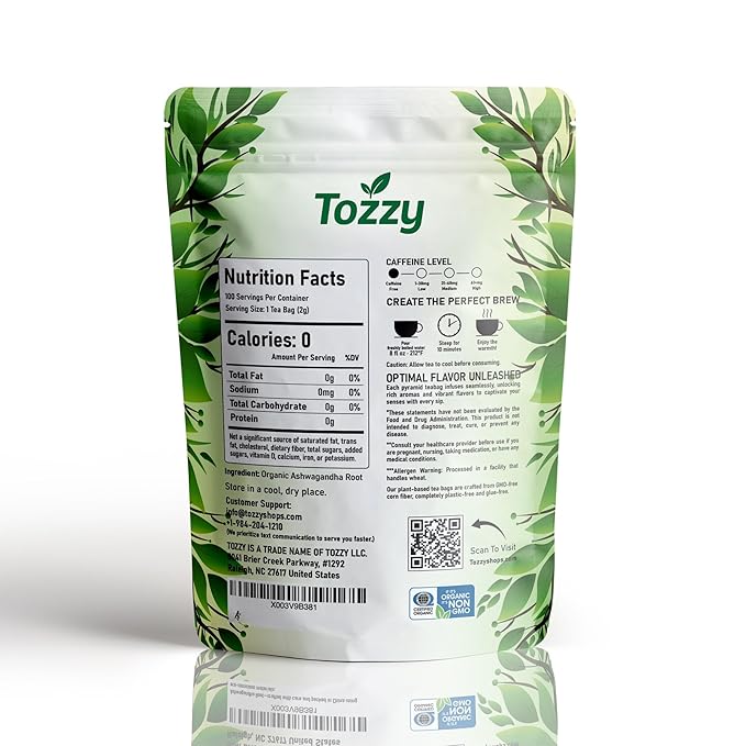 Tozzy Organic Ashwagandha Tea – 100 Count Plant-Based Pyramid Tea Bags