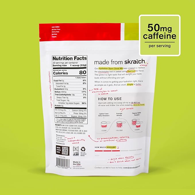 Skratch Labs Hydration Sports Drink Mix with Caffeine – Real‑Fruit Electrolyte Powder for Fast Hydration &amp Energy | Raspberry Limeade | 20 Servings | Vegan Non‑GMO Clean Ingredients