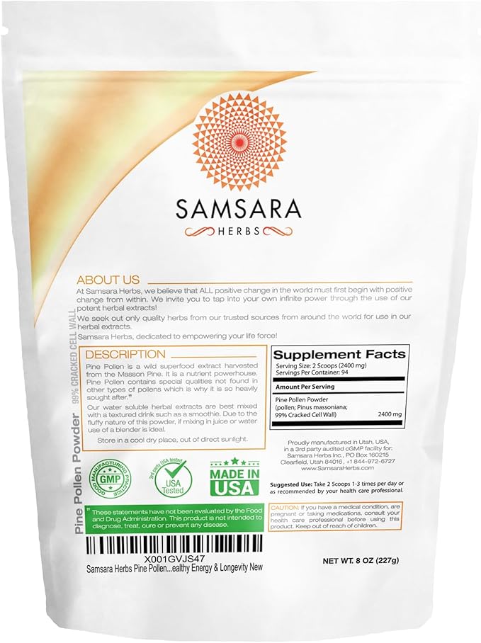 Samsara Herbs Pine Pollen Powder Wild Harvested - 99% Cracked Cell Wall (8oz/227g) Supports Healthy Energy &amp Longevity