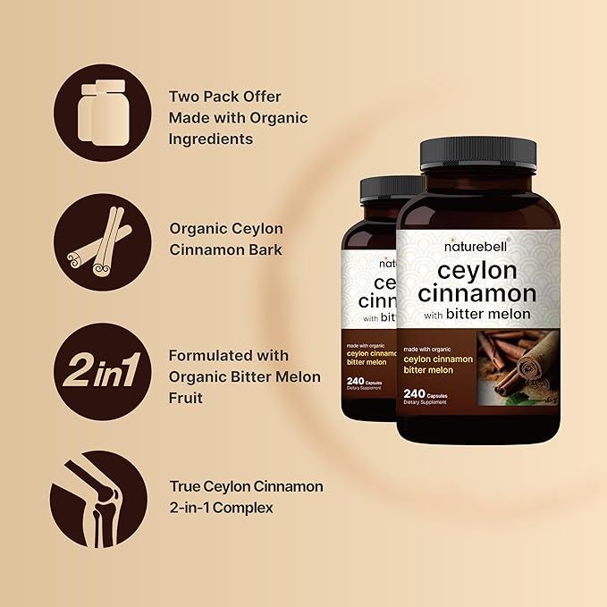 NatureBell 2 Pack Ceylon Cinnamon with Bitter Melon 240 Capsules | Made with Organic Sri Lanka Ceylon Cinnamon and Organic Bitter Melon | Non-GMO cGMP Certified